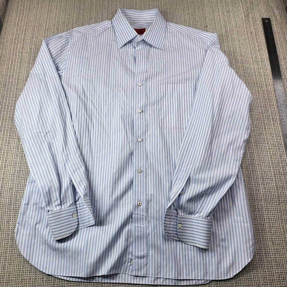 Isaia Dress Shirt Mens 17 34/35 Blue Stripe Regular Fit Cotton Made In‎ Italy